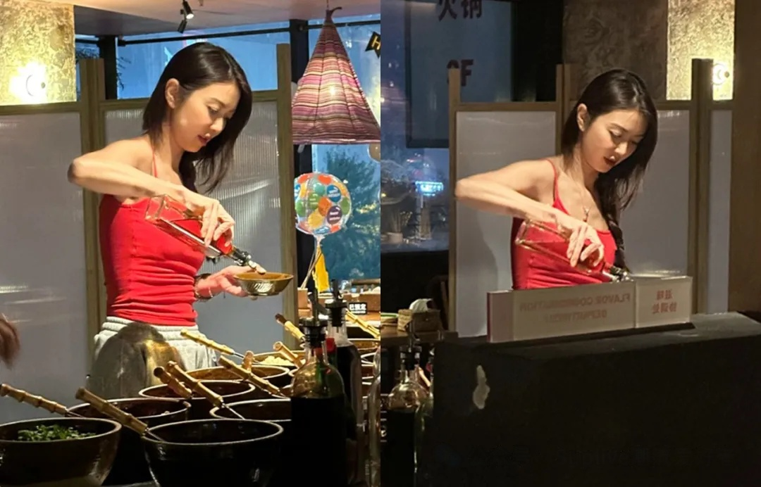 薛凯琪火锅偶遇：红背心展露火辣身材，43岁似少女